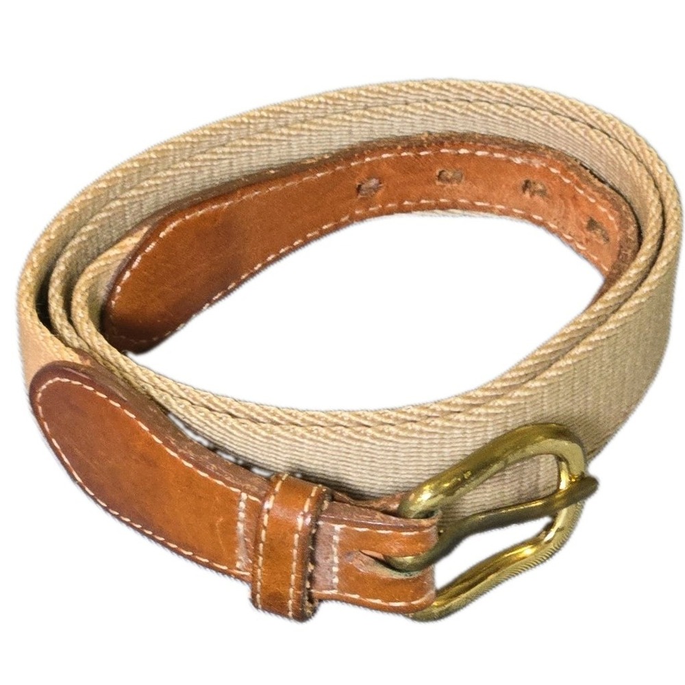 Vintage Lands End Men 32 Woven Cotton Web Leather Belt Brass Buckle 506 USA